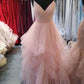 Romantic Pink Spaghetti Straps A-line Tiered Ruffles Prom Dress,Glitter Pink Evening Dress Y1072