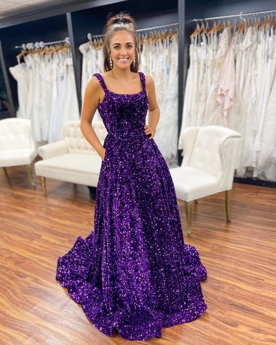 Gorgeous Square Neck Purple Sequins Long Prom Dresses With Pockets Y829