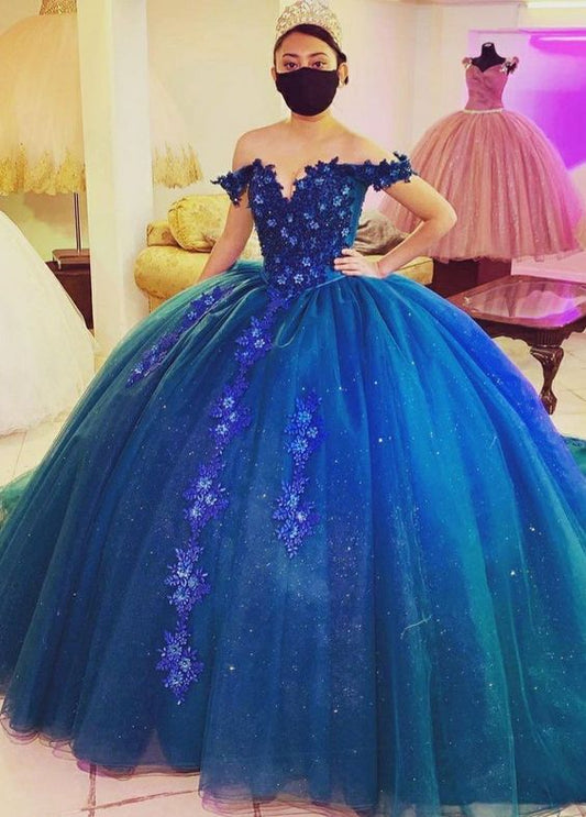 Elegant Off The Shoulder Blue Ball Gown,Princess Dress Y1085