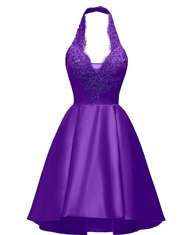 Halter Deep V Neck Satin Appliques Purple Backless Pleated A Line Homecoming Dresses Y854