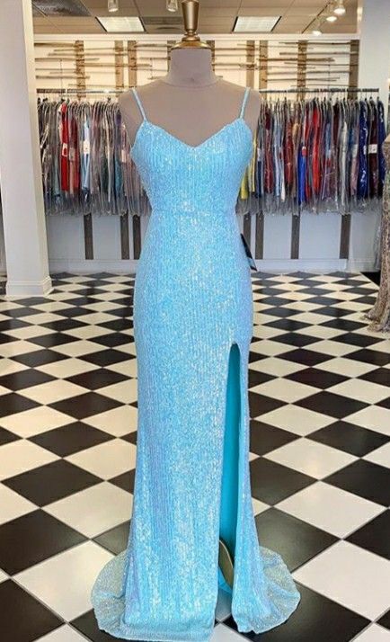 Elegant Blue Spaghetti Straps Prom Dress With Side Slit,Blue Graduation Dress Y1029