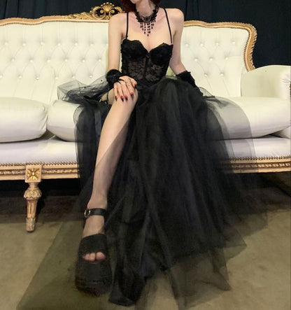 Gothic Black Tulle Prom Dress,Sexy Black Sleeveless Prom Gown Y1133