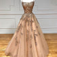 Champagne tulle lace long prom dress, champagne evening dress Y920