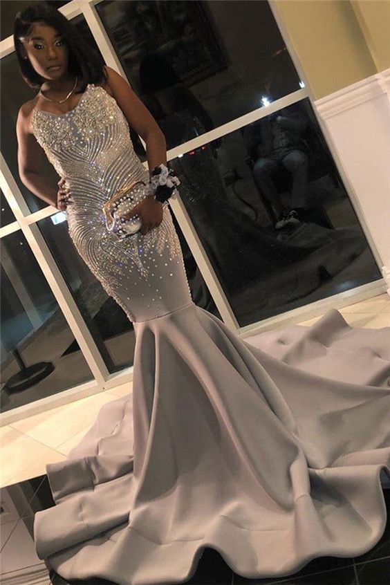 Silver Grey Mermaid Prom Dresses with Beads Crystals Sexy Strapless Sleeveless Formal Evening Gowns Y883