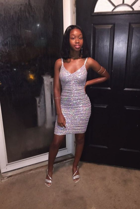 Gorgeous V Neck White Sequins Party Dress,Cocktail Dress,Short Homecoming Dress Y830