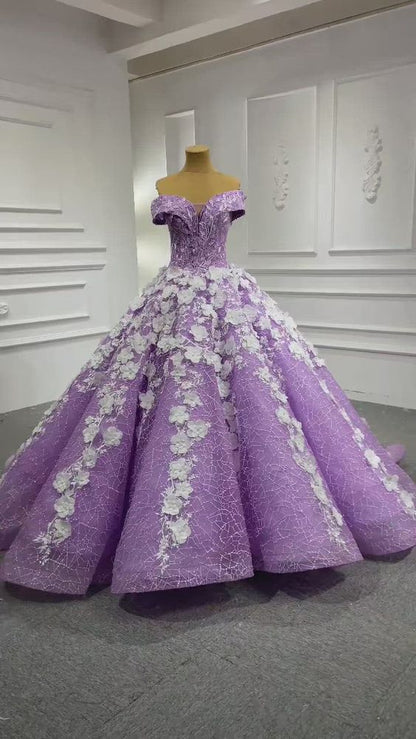 3D Flowers Lilac Sweet 15 Dress Off the Shoulder Quince Dress Luxurious Ball Gown Y906