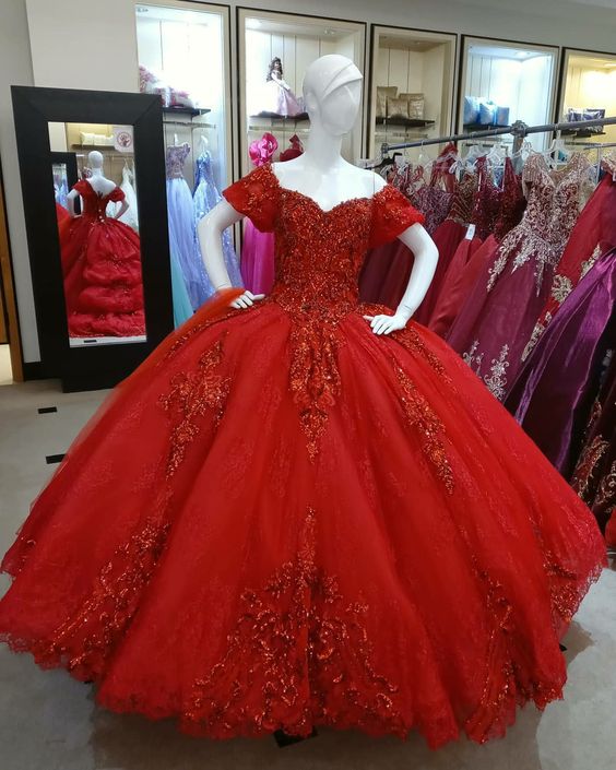 Dark Red Tulle Lace Ball Gown Sweet 16 Dress Y1440