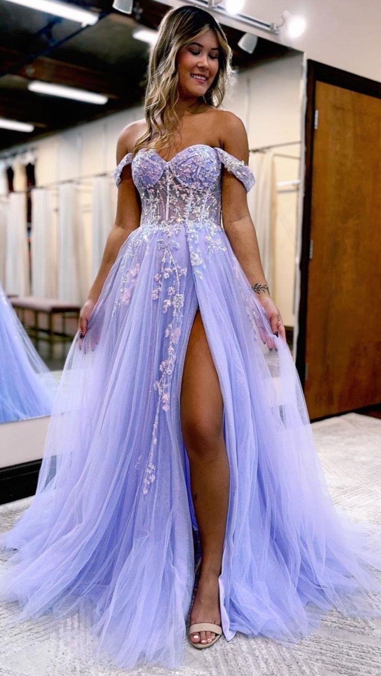 Elegant Off The Shoulder Purple Lace Long Prom Dress Y1452
