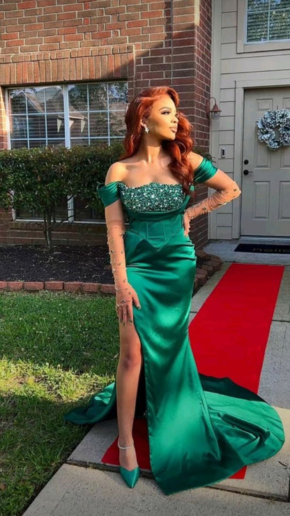 Charming Green Mermaid Prom Dress With Slit,Green Formal Gown Y1438