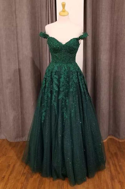 Hunter Green Floral Appliques Off-the-Shoulder A-Line Prom Dress Y1702