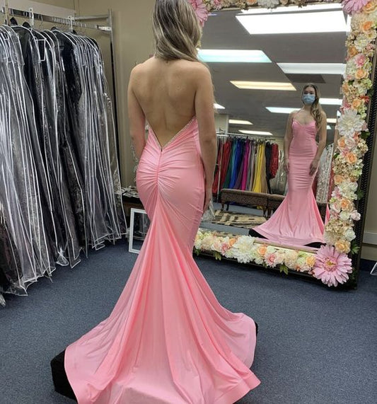 Pink Satin Long Prom Dress Mermaid Evening Dress Y1752