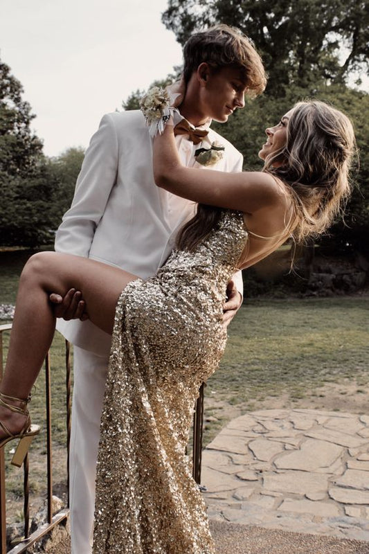 Gold Sequins Long Prom Dress , Charming Evening Dress Y1659