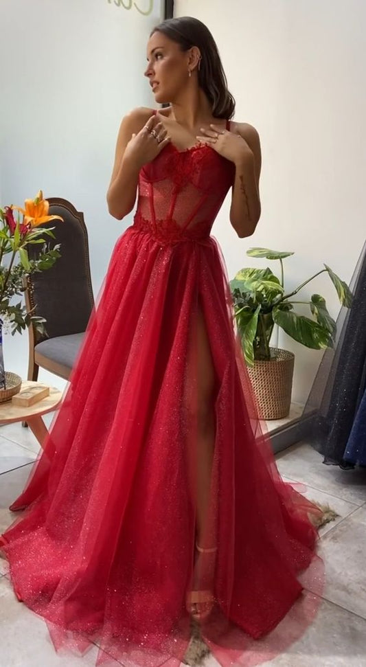 Shiny Sweetheart Neck Red Lace Long Prom Dresses, High Slit Red Lace Formal Dresses, Red Lace Evening Dresses Y1673