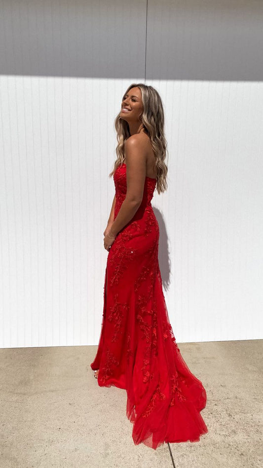Strapless Red Lace Tulle Prom Dress,Elegant Red Evening Dress Y1731