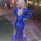 Sparkle Royal Blue Sequin Long Sleeves Mermaid Evening Dresses Y1663