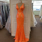 Orange Sequins Mermaid V-neck Long Prom Dress,Elegant Evening Dress,Orange Formal Gown Y1714