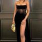 Black Draping Corset High Slit Velvet Prom Dress Y1713