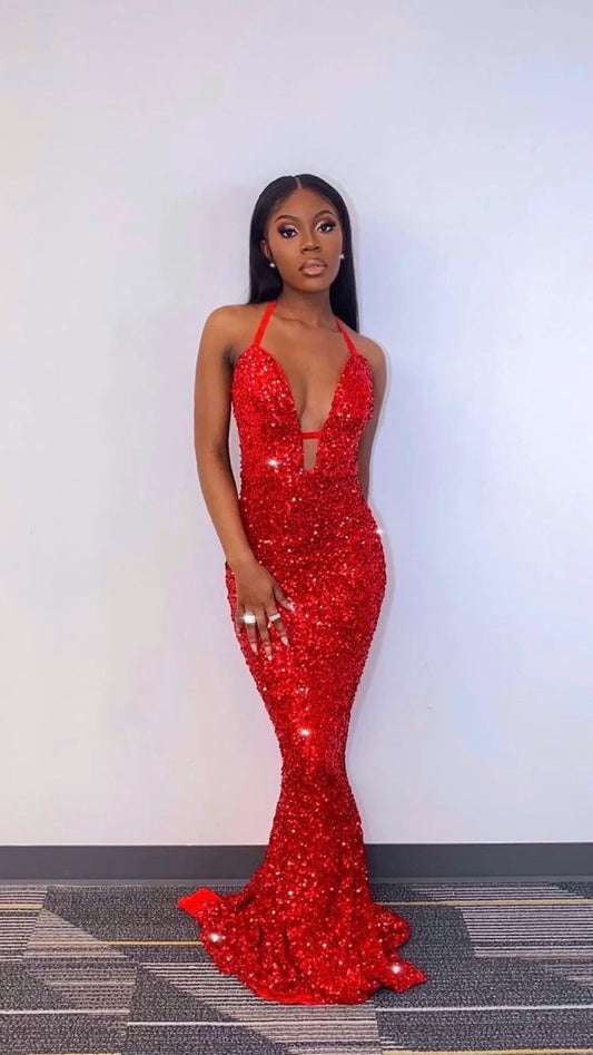 Charming Mermaid Red Sequins Long Prom Dresses,Sexy Red Evening Dress Y1693