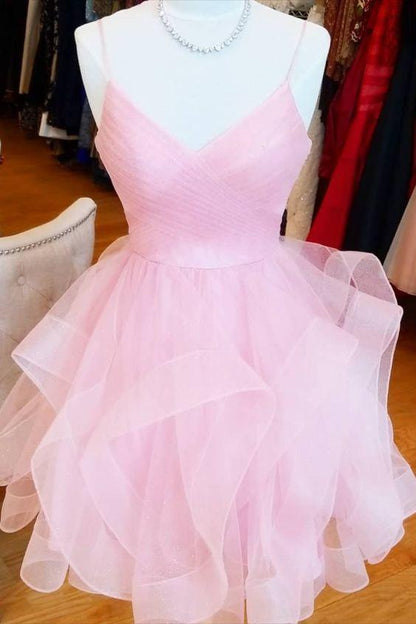 short pink A-line homecoming dress birthday dress with ruffled skirt Y1715