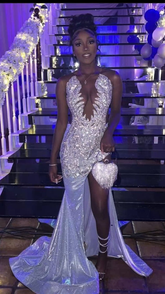 Sparkly Silver Mermaid Evening Dress Black Girls Prom Dress Y1706