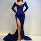 Burgundy Sequins Evening Dresses With Long Sleeves Mermaid High Split Mermaid Prom Dress Party Gown Y1682