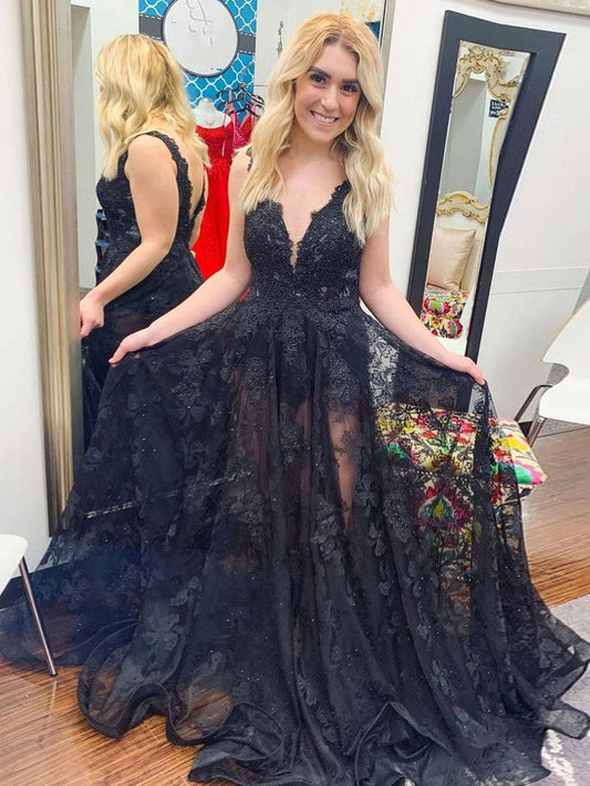 Black v neck tulle lace long prom dress, black tulle lace evening dress Y1773