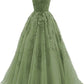 Women's Lace Applique Tulle Long Straps Cross Back Long Party Dress, Green Junior Prom Dress Y611