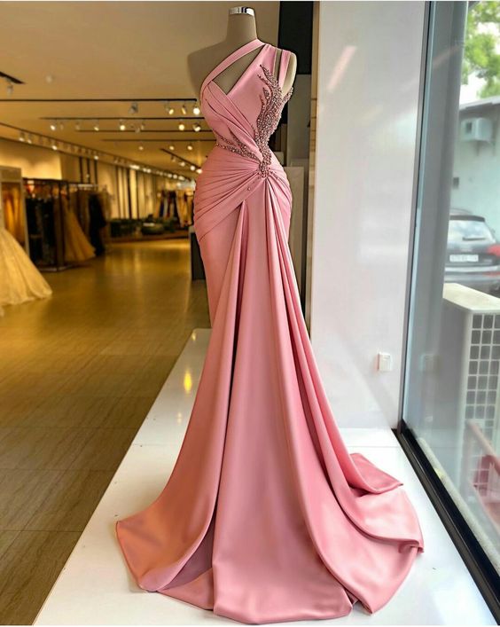 Pink Pleated Prom Dresses, Pearls Prom Dresses,  Satin Evening Dresses, Arabic Prom Dresses Y560