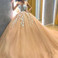 Lace Applique Bodice Champagne Sweetheart Pleated Tulle Long Ball Dress Custom Size Y602