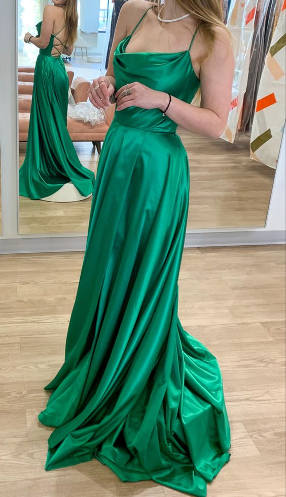 Emerald Green A-line Satin Long Prom Dress Lace-up Back Junior Prom Y634