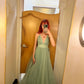 Glitter A-line Green V Neck Long Prom Dress Sleeveless Evening Dress Y621