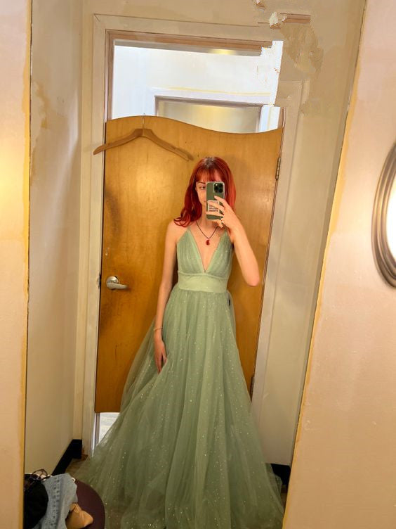 Glitter A-line Green V Neck Long Prom Dress Sleeveless Evening Dress Y621