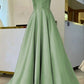 Simple Sage Green Satin Bridesmaid Dresses, Strapless Floor Length Formal Prom Dress Y631