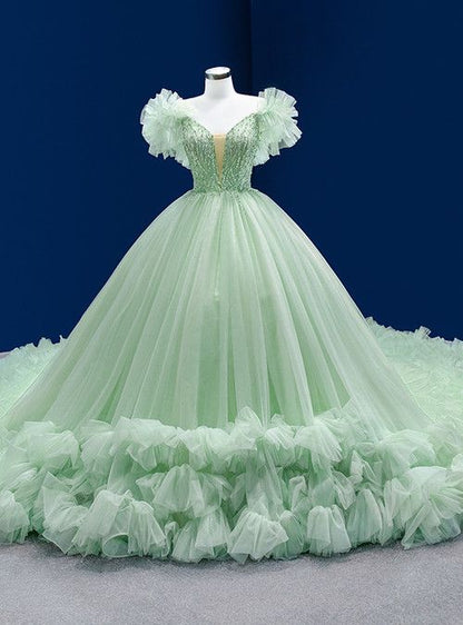 Mint Green Tulle V-neck Beading Sequins Ball Dress With Train Y613