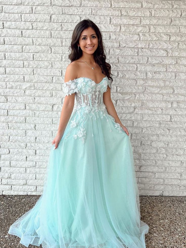 Off Shoulder Tulle Lace Long Prom Dress, Green Evening Dress Custom Size Y632