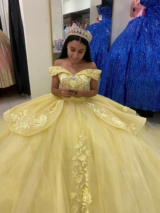 Off The Shoulder Yellow Princess Dress Sweet 16 Dress Ball Gown Y655