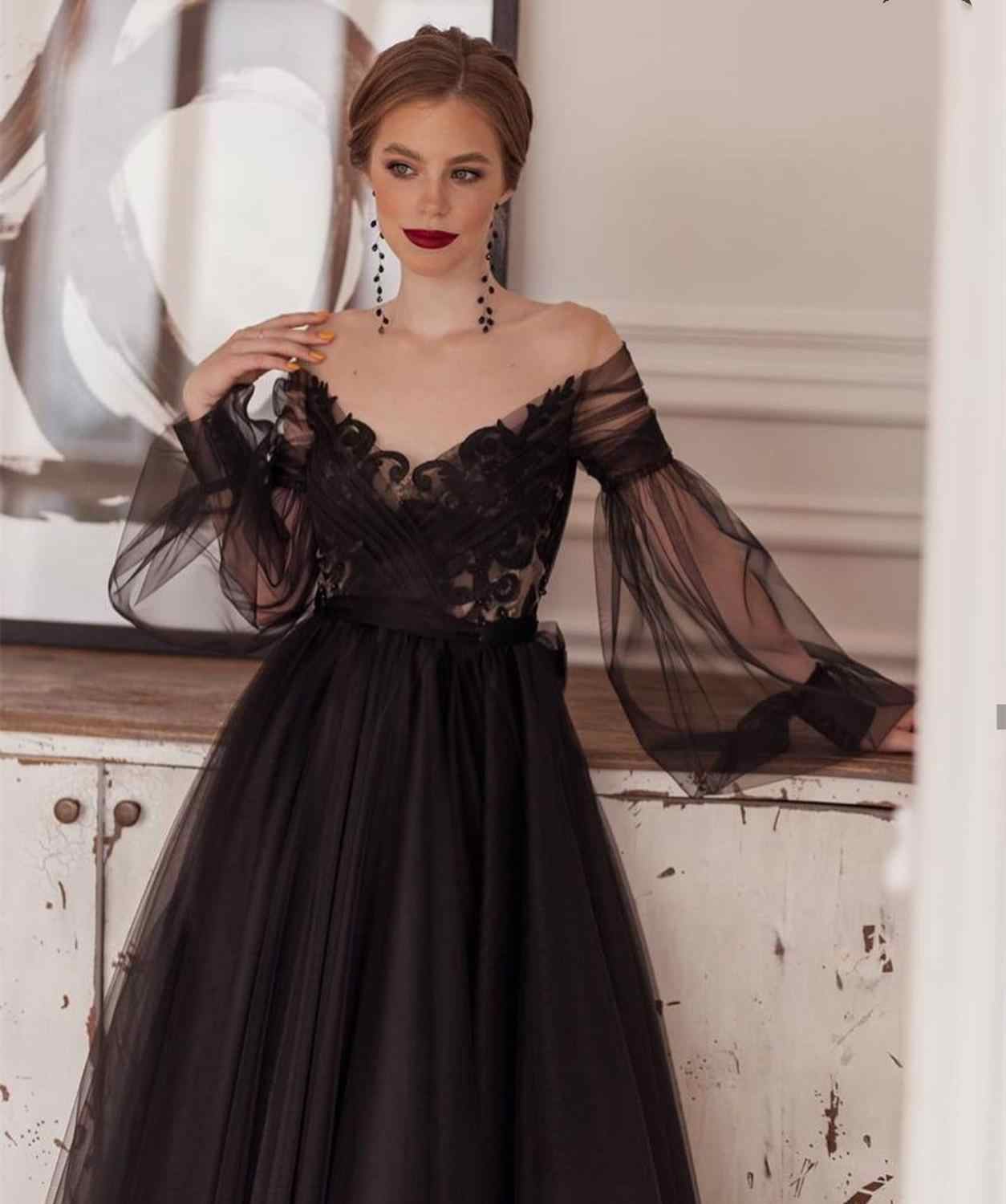 Elegant Black Illusion Full Sleeve V-Neck Lace Appliques Backless A-Line Ankle-Length Evening Dress S26660