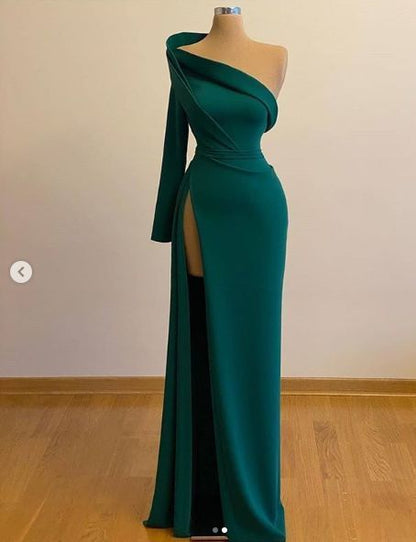 One Shoulder Long Sleeves Evening Gowns With Slit Formal Occasion Pageant Dress S25031