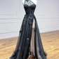 Black Tulle One Shoulder Long Prom Dress with Leg Slit, Black Evening Gown Y1146