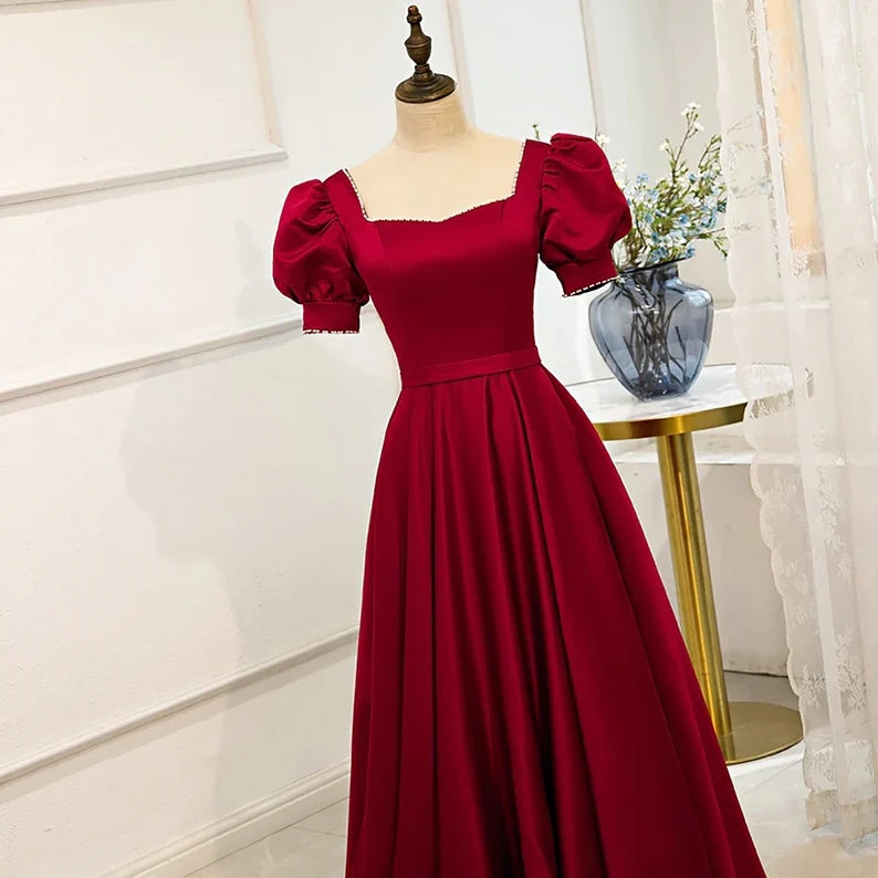 Red Puff Sleeve Prom Dress / Red Bridesmaid Dress / Victorian Dress Y1180