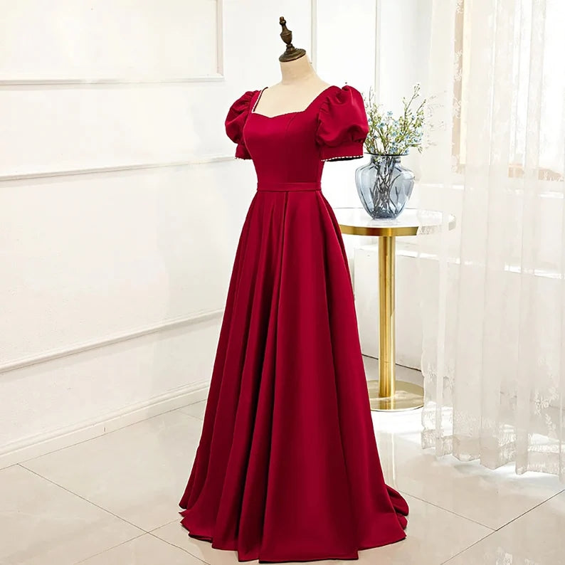 Red Puff Sleeve Prom Dress / Red Bridesmaid Dress / Victorian Dress Y1180