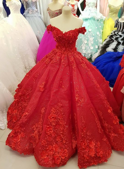 Luxurious Off The Shoulder Red Ball Gown 3D Flowers,Quinceanera Dress  Y1217
