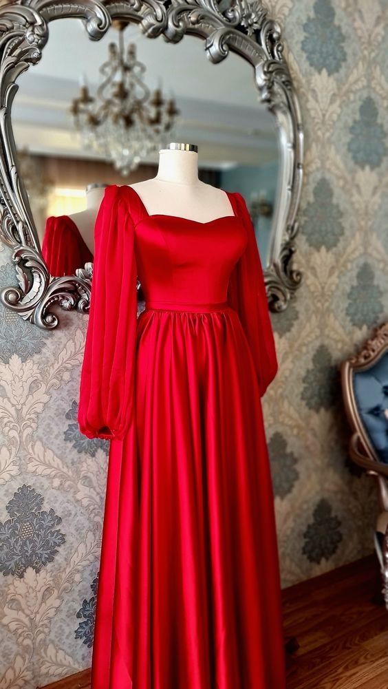 Charming Red Satin Vintage Prom Dress,Red Long Sleeves Graduation Dress Y1186