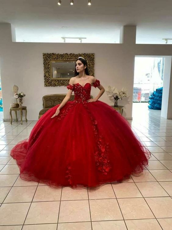 Most Beautiful Luxurious Red Tulle Quinceanera Dress,Sweet 15 Dress,Red Ball Gown Y1209
