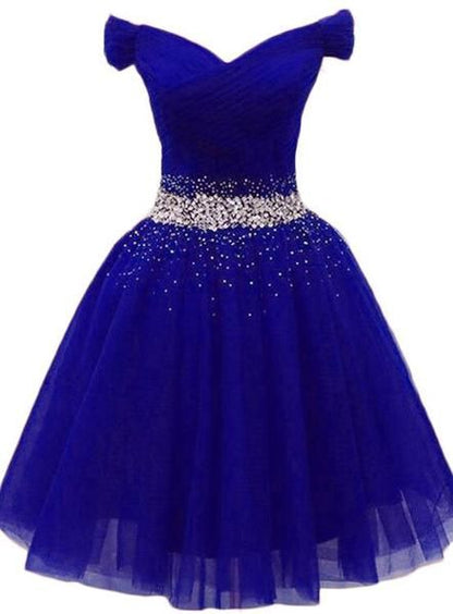 Charming Royal Blue Tulle Party Dress, Beaded Short Homecoming Dress Y675